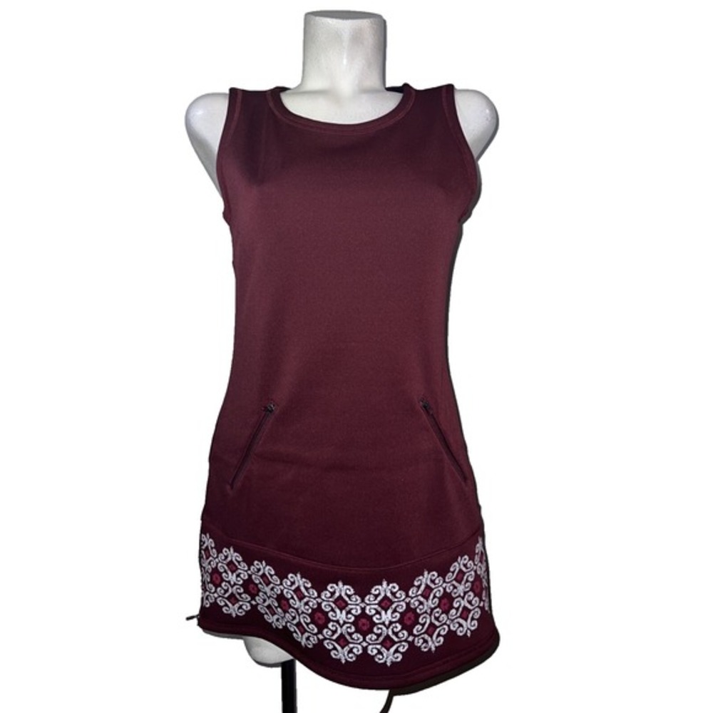 Athleta Burgundy Sleeveless Dress Geometric Print Zipper Pockets Women's Size S